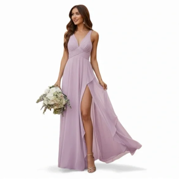 Chiffon V Neck Dresses for Women Ruffles Pleated A-line Formal brand - Picture 2 of 7